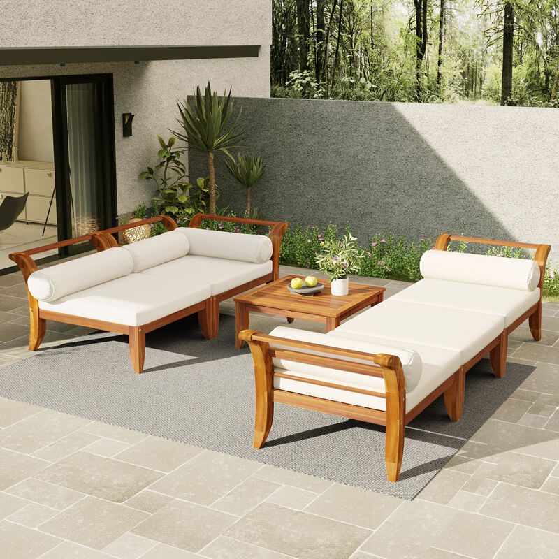 Whisen 6-Piece Acacia Wood Outdoor Seating Set, L-Shaped Garden Sectional, Convertible Daybed with Tea Table image number 2
