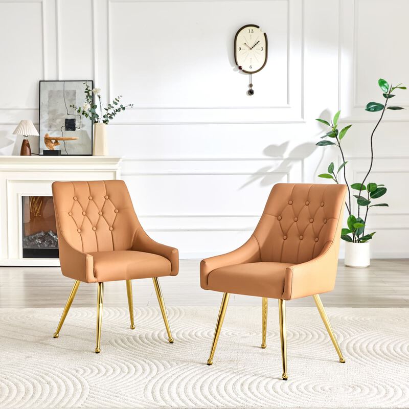 Set of 2 Faux Leather Dining Chairs Diamond Tufted Open Back Side Chairs with Metal Handle Spring and Foam Cushioned Accent Chairs image number 1
