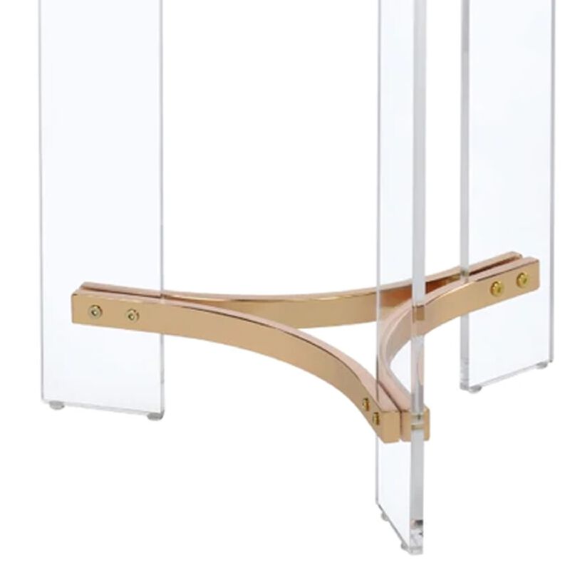 Hale 23 Inch Round End Table, Glass Top, Acrylic Legs, Clear, Gold