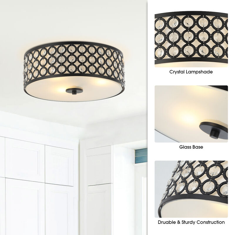 Modern 3-Light Crystal Black Flush Drum Mount Ceiling Light
