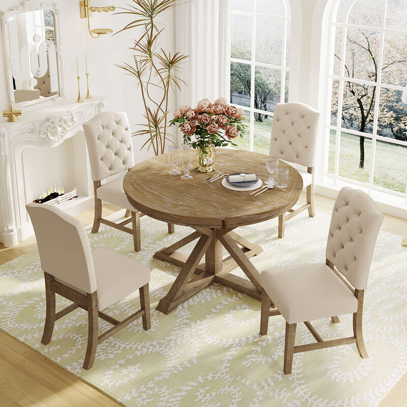 Whisen Retro Style Dining Table Set with Extendable Table and 4 Upholstered Chairs - Off-white