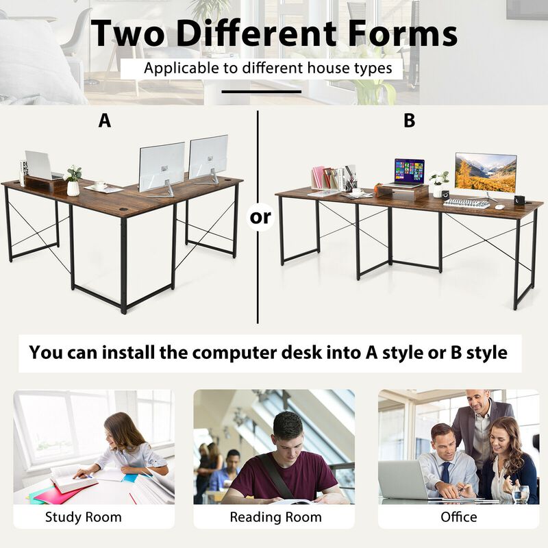 L-Shaped 2-Person Desk with Monitor Riser –  Reversible Computer Workstation
