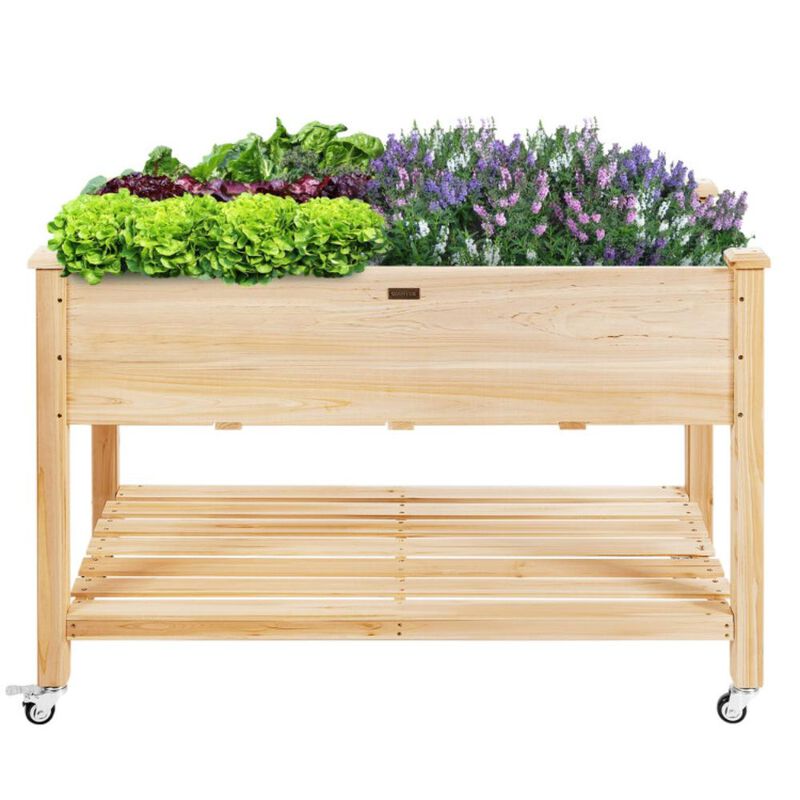 Hivvago Wood Elevated Planter Bed with Lockable Wheels Shelf and Liner