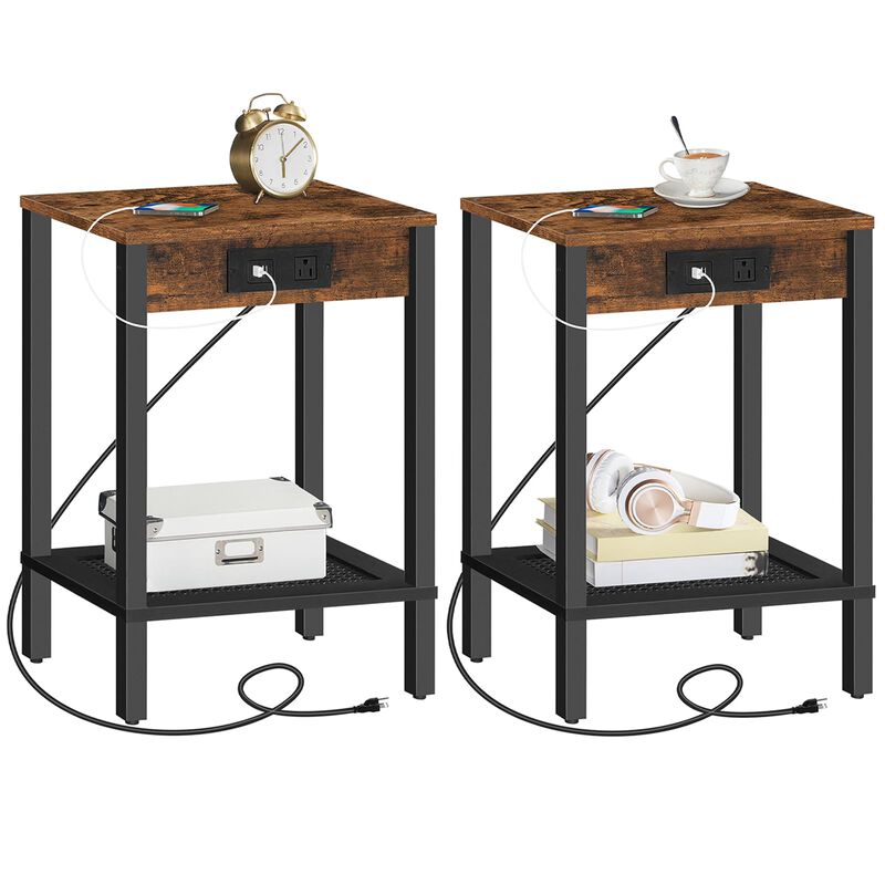 HOOBRO Side Table with Charging Station, Set of 2 End Tables with USB Ports and Outlet, Nightstand with 2-Tier Storage Shelf, fo
