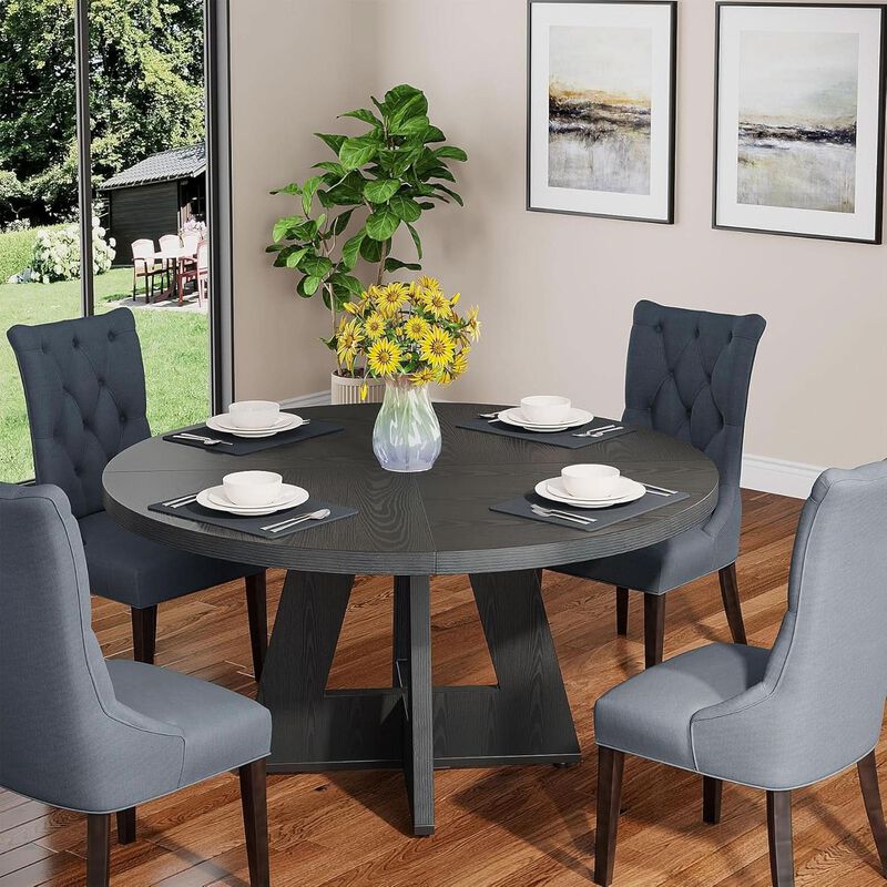 ShipItFurniture 47-inch Round Wood Dining Table, Farmhouse Patchwork Top, Black Cross Base image number 8