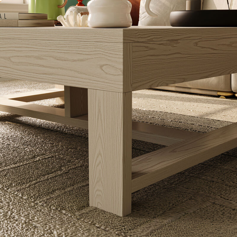 FUFU&GAGA Modern White Wood Coffee Table &ndash; Solid Wood, Spacious Tabletop with Built-in Storage, Sturdy Frame (47.2" W x 35.4" D x 15.8" H), White