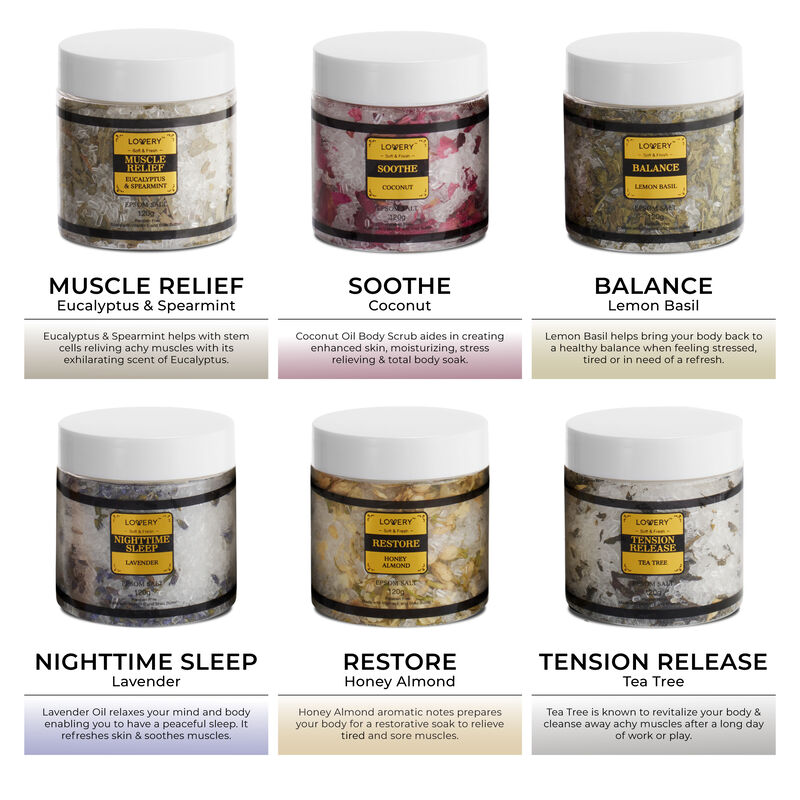 Epsom Salts Gift Set, 6 Scented Relaxing Spa Bath Soaks image number 4