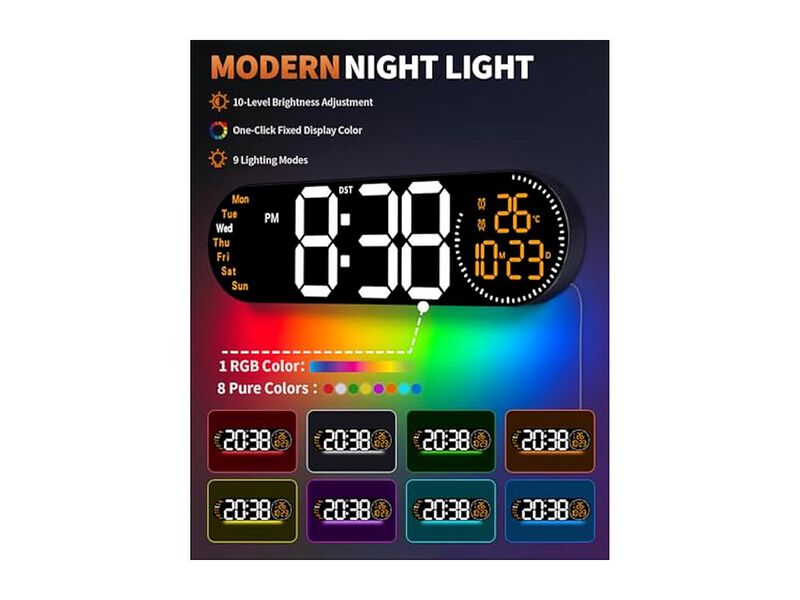 Digital Color Changing Remote Control Date Wall Clock 2 Inch Glow In Dark Orange image number 3