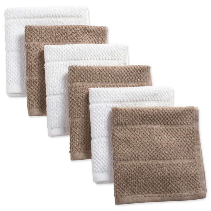 Set of 6 White and Stone Brown Terry Square Kitchen Dishcloths 12"