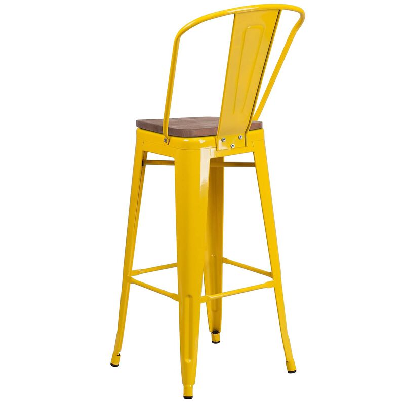 Flash Furniture Lily 30" High Yellow Metal Barstool with Back and Wood Seat