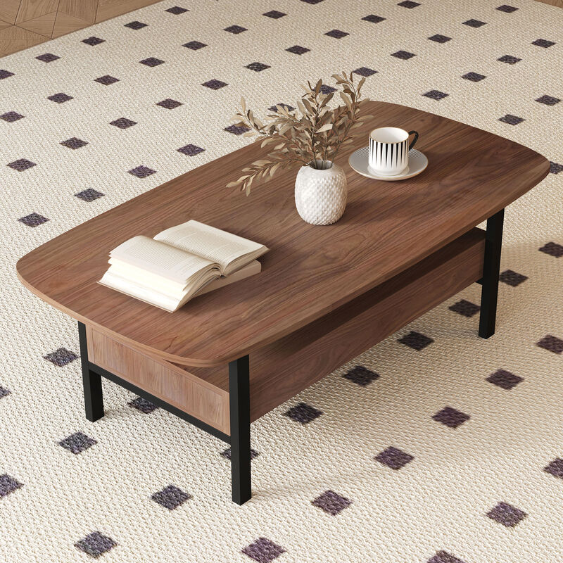 Wooden Coffee Table with 2 Drawers & Open Shelve 47.2" Walnut