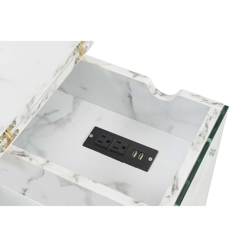 Convenience Concepts SoHo Flip Top End Table with Charging Station and Shelf, White Faux Marble/Glass