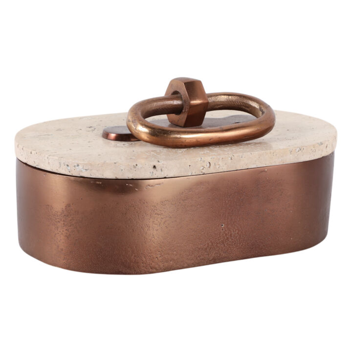 8x5" Travertine & Antique Brass Oval Box, Tan/bron