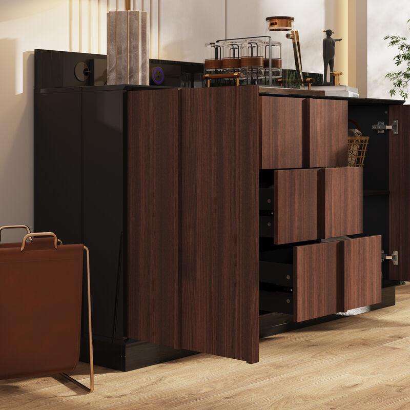 FUFU&GAGA High‑Gloss Black and Brown Wood Grain Cabinet with Sliding Power Socket Vertical Strip Accents 59.1''L x 15.4''W x 36''H