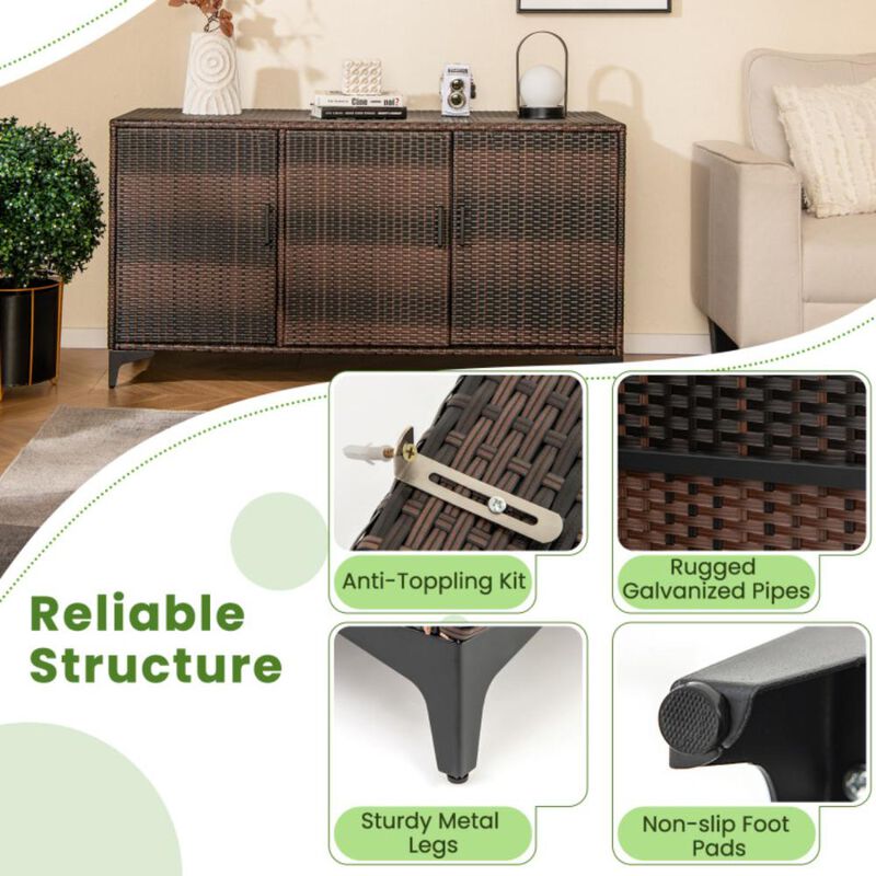 Hivvago 84 Gallon Patio Wicker Deck Box 3-Door PE Rattan Storage Container with Removable Shelves