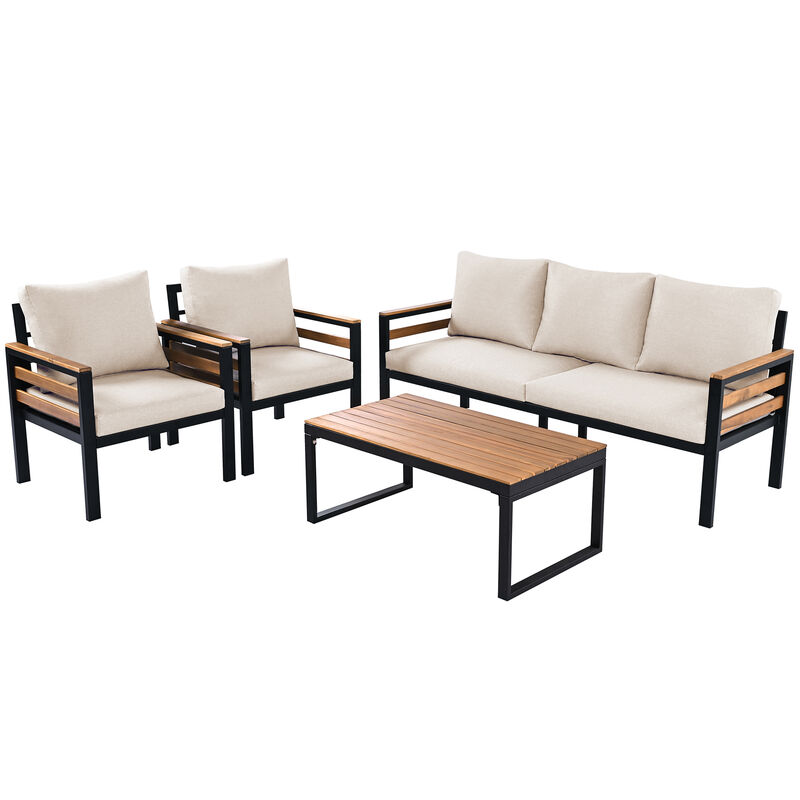 Whisen 4-Piece Outdoor Furniture Sofa Set, Patio Conversation Set with Removable Cushion and Solid Wood Coffee Table image number 6