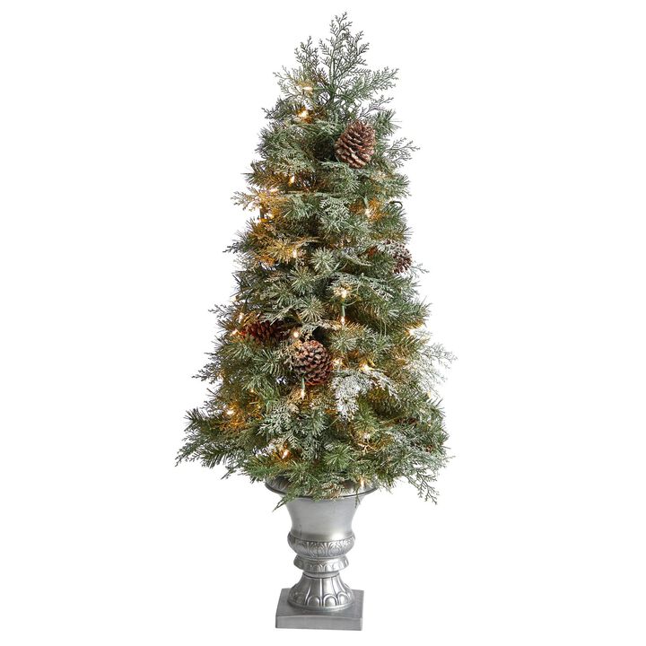 Nearly Natural 4-ft English Pine Artificial Christmas Tree with 100 Warm White LED Lights and 413 Bendable Branches in Decorative Urn