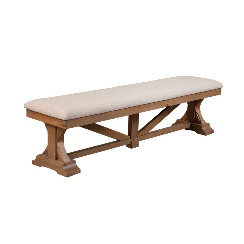 Tess 69 Inch Dining Accent Bench, Beige Fabric Cushion, Pine Wood, Brown-Benzara image number 1