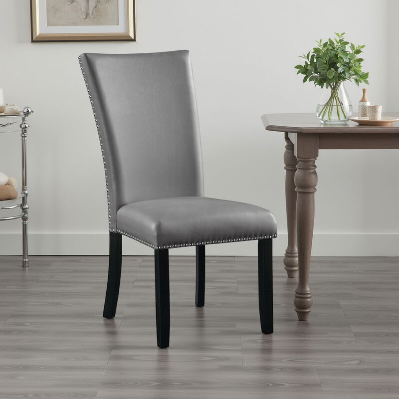 Aline Side Dining Chair Set of 2, Gray Faux Leather, Nailhead Trim - Benzara