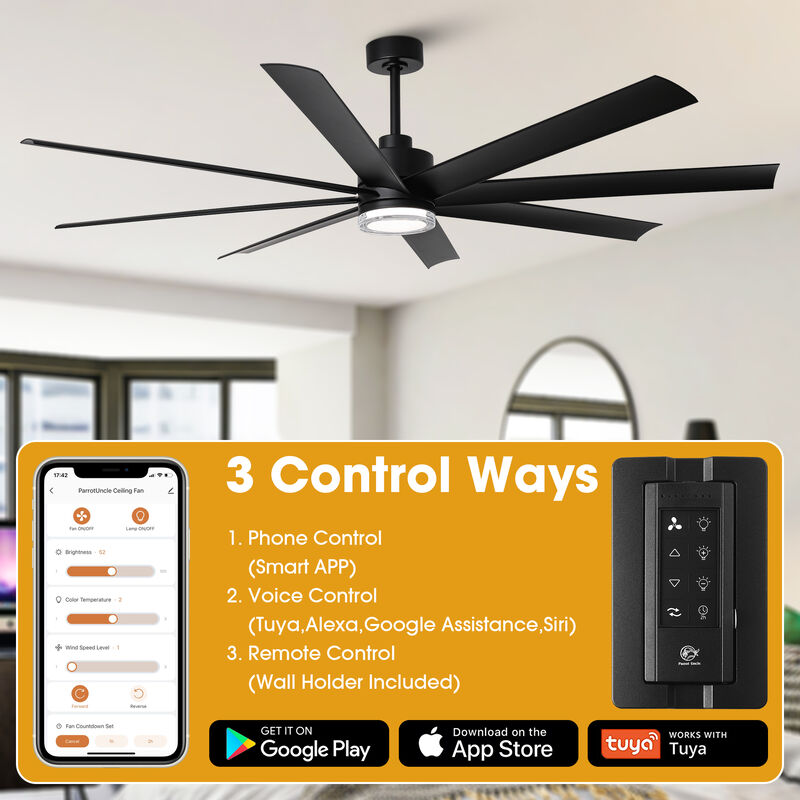 72" Modern Black Clear Acrylic Lens Smart Ceiling Fan with Light and Remote, App Control, Voice Control