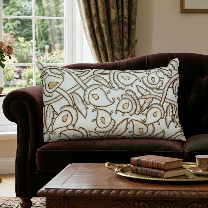 HomeRoots 14" X 24" Brown and White Cotton Lumbar Throw Pillow with Embroidery image number 1