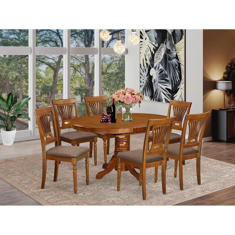 7 Pc Avon Dining Table featuring Leaf and 6 Fabric Seat Chairs in Saddle Brown .