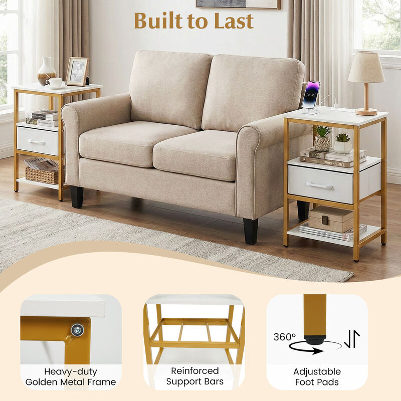 Set of 2 Nightstands with Built in Charging Station and Fabric Drawer for Bedroom-White