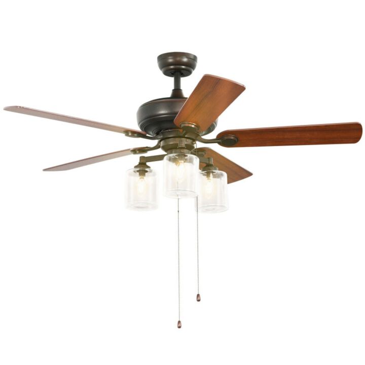 52 Inch Ceiling Fan Light with Pull Chain and 5 Bronze Finished Reversible Blades