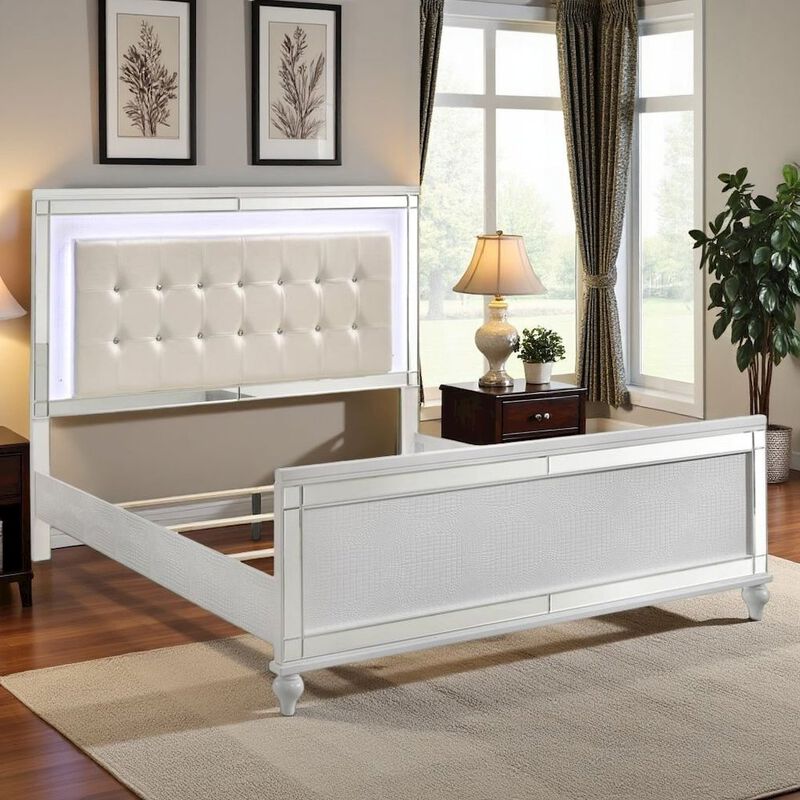 White Queen Bedframe &ndash; Solid Wood LED Bed Frame Queen with Headboard image number 1
