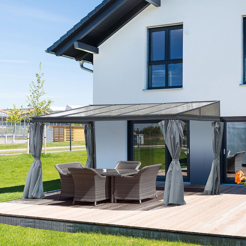 Grey Garden Pavilion: 13'x9.5'x8' Pergola with PC Roof and Curtains