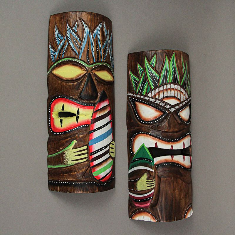 12 Inch Hand Carved Wooden Surfer Tiki Masks Wall Hanging Beach Home Decor Set image number 3