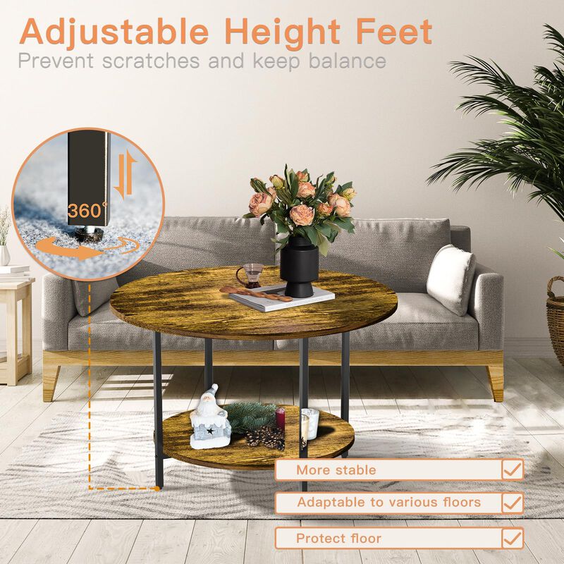 FAMIDGE Round Coffee Table, 27.5"" Small Coffee Tables, 2-Tier Circle Coffee Table with Storage Shelf, Wood Coffee Table Circula