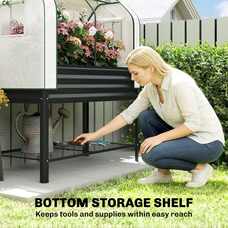 Hivvago Metal Raised Planter with Greenhouse Cover and Shelf image number 6