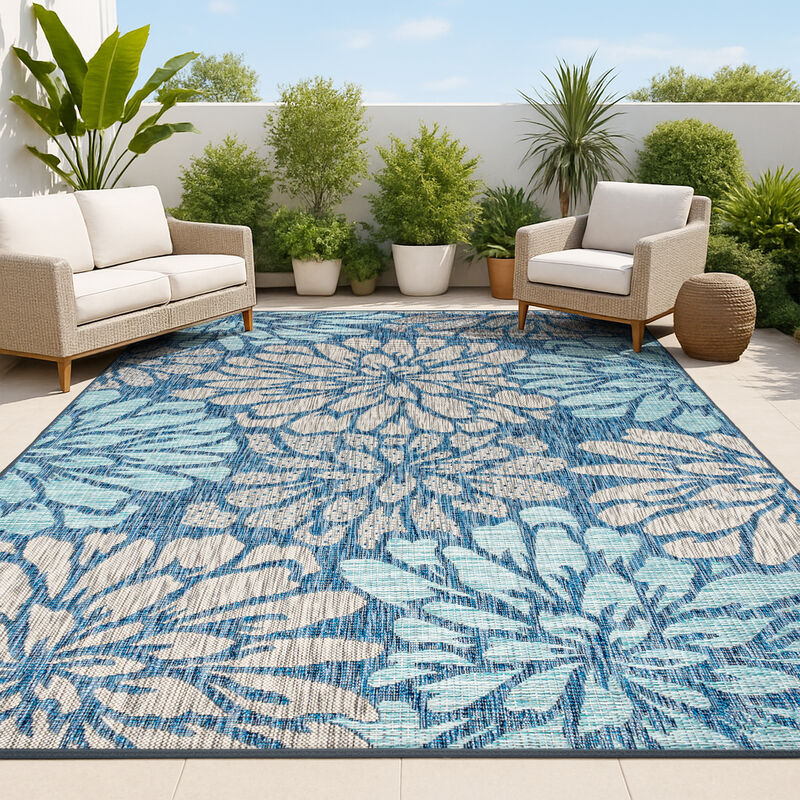 Zinnia Modern Floral Textured Weave Navy/Aqua. Indoor/Outdoor Runner Rug