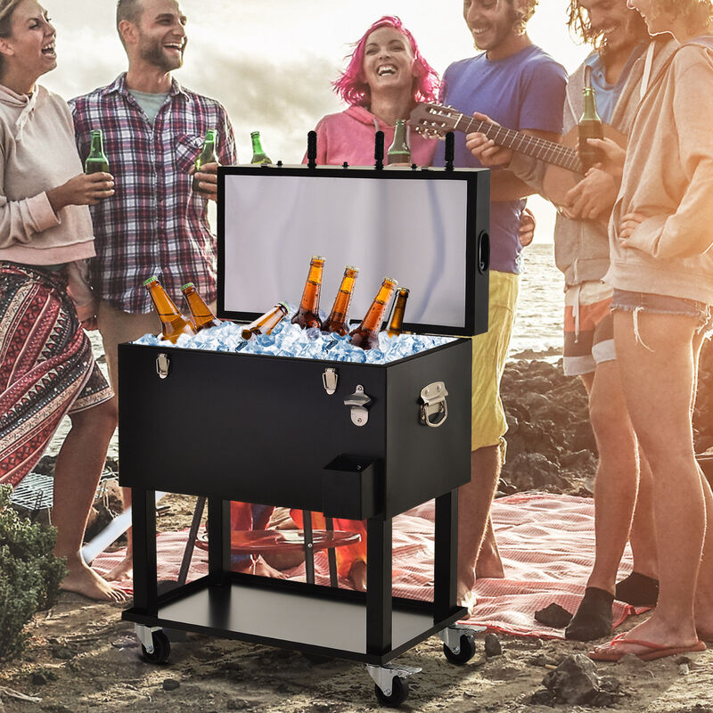 Outsunny 68QT Patio Cooler Ice Chest with Foosball Table Top, Portable Poolside Party Bar Cold Drink Rolling Cart on Wheels with Tray Shelf
