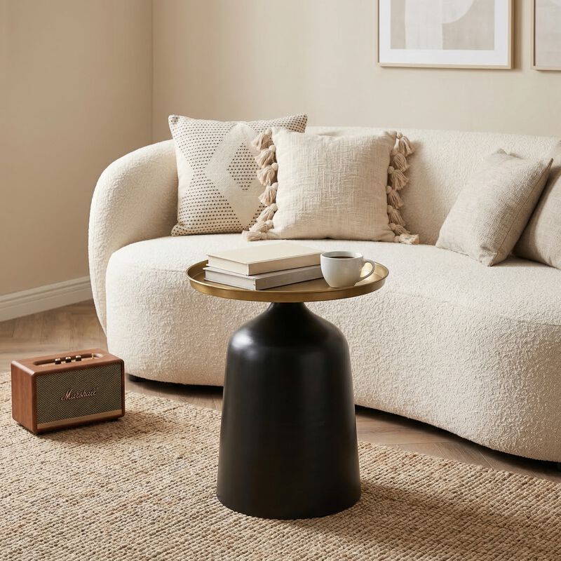 Luxury Metal Pedestal Table with Antique Brass Tray Top & Matte Black Base image number 3