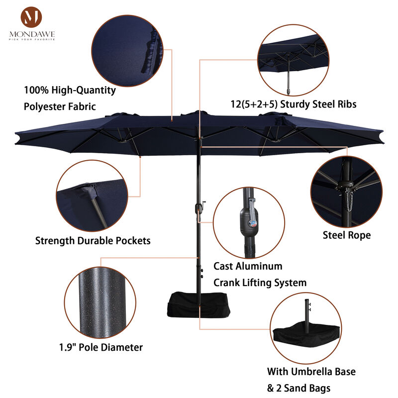 MONDAWE 15ft Rectangular Double-Sided Outdoor Patio Market Umbrella Coffee