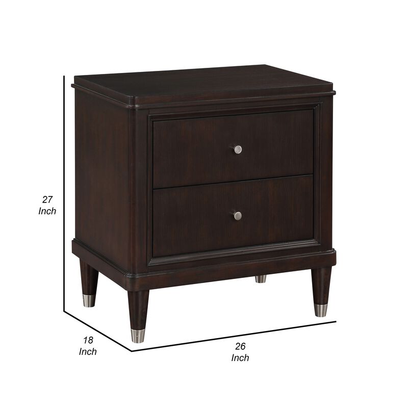 Amber Nightstand, 2 Drawers, Round Metal Knobs, Tapered Legs, Brown Wood - Benzara