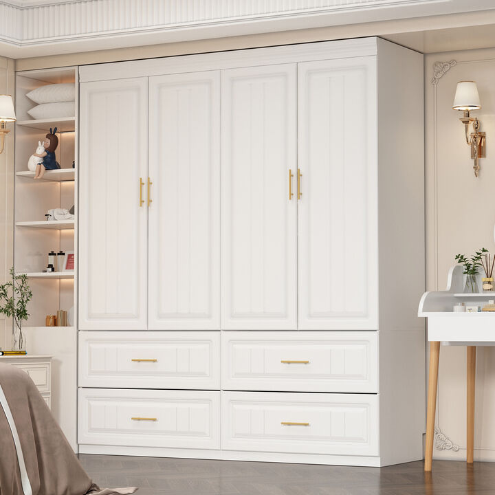 White Wood 63 in. W 4-Door Big Wardrobe Armoires with Hanging Rod, Drawers, Storage Shelves 74.2 in. H x 20.6 in. D