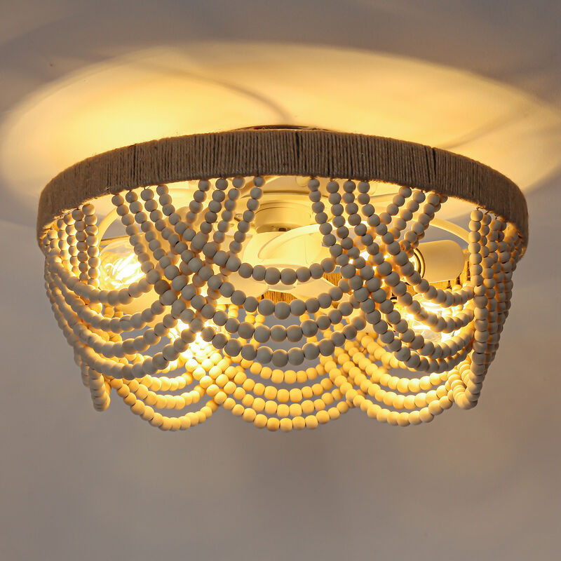 20" Beige Wood Beaded 4-Light Flush Mount Smart Ceiling Fan with Remote and Light Kit