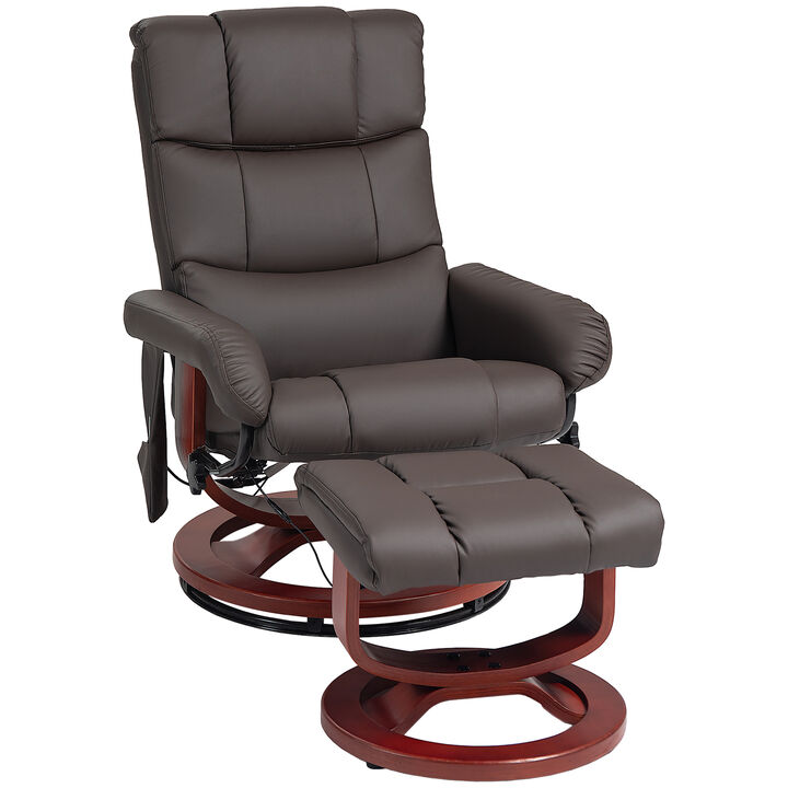 HOMCOM Massage Recliner Chair with Ottoman, Swivel Recliner and Footrest, Faux Leather Reclining Chair with Remote Control and Side Pocket, Brown