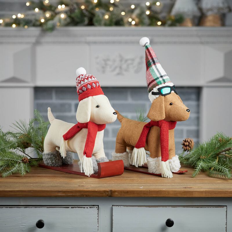 Set of 2 Plush Dog Winter Figurines – Holiday Dogs on Sled & Skis for Whimsical Christmas Shelf or Mantel Decorations