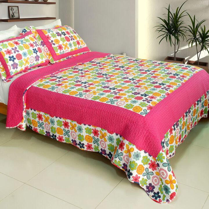 Queen Size Cotton 3-Piece Vermicelli Quilted Printed Quilt Set with Shams - Pink
