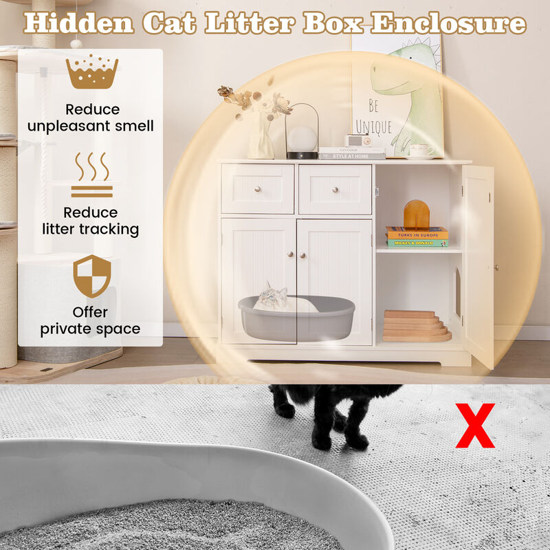 Cat Litter Box Enclosure with Storage &ndash; Double Drawer, Triple Door Setup for Easy Access & Odor Control image number 6