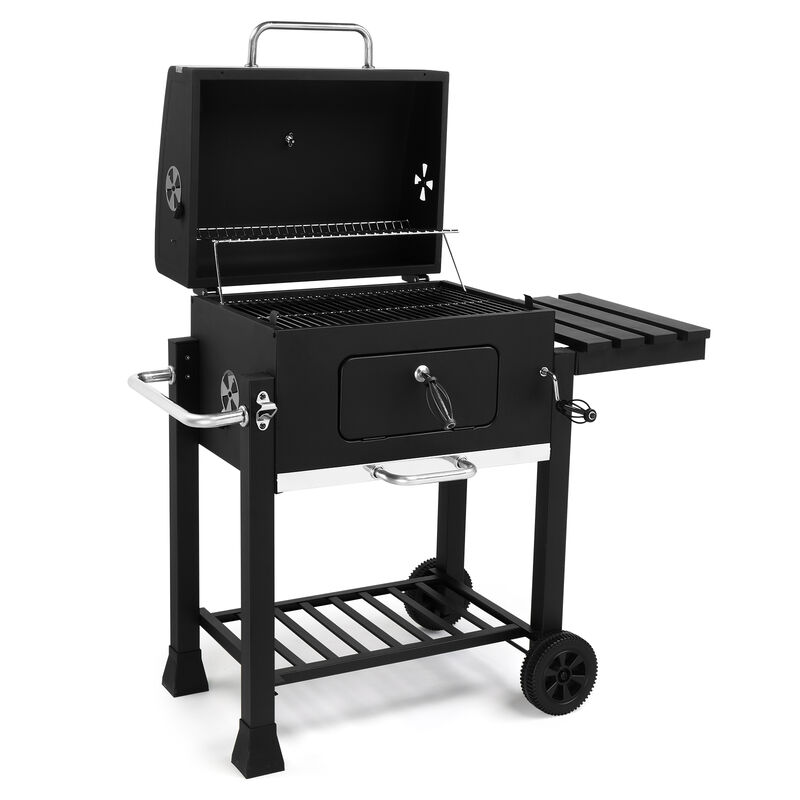 Charcoal Grill with Foldable Side Table and Wheels, Portable Outdoor BBQ Grill for Backyard Cooking