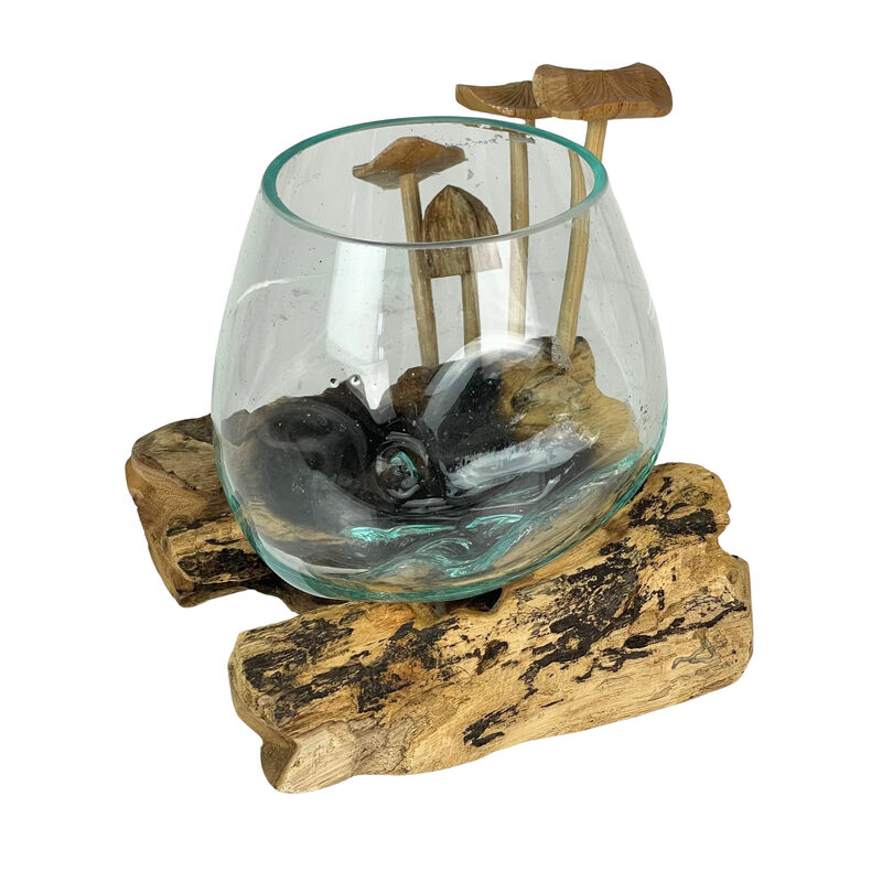 Handcrafted Glass Vase with Teak Driftwood and Wood Mushroom Embellishments image number 2