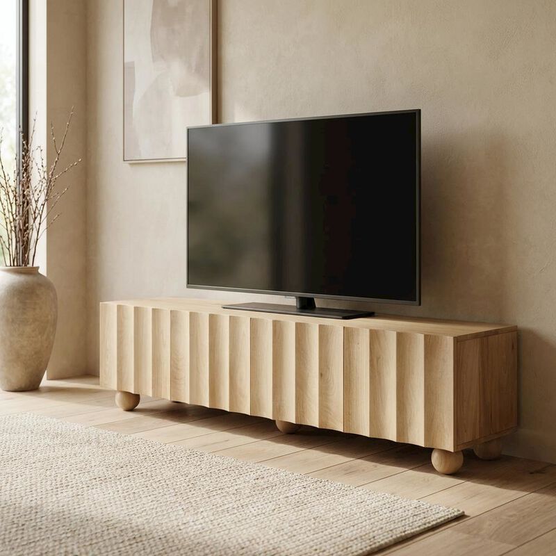 Scalloped Wood TV Stand in Neutral Finish with Spacious Storage image number 4