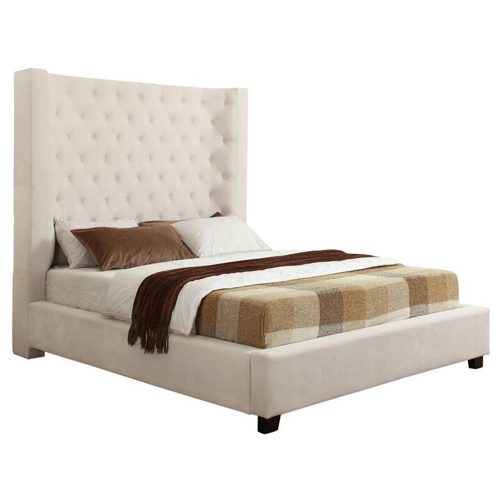 Best Master Furniture Jamie Velvet Upholstered Tower High Profile East King Bed in Cream