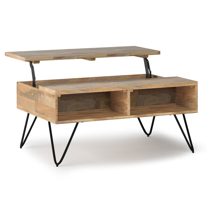 Hunter SOLID MANGO WOOD and Metal 36 inch Wide Rectangle Industrial Small Lift Top Coffee Table in Natural
