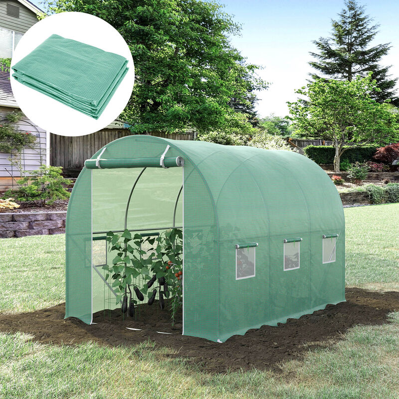 Outsunny 9.8' x 6.6' x 6.6' Plastic Greenhouse Cover Replacement, Heavy Duty Waterproof Tarp for Hoop House, Sheeting with 6 Windows, Door & Reinforcement Grid, Green